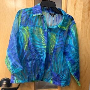 Toni Women's Blue and Green Sheer Button Down Shirt medium